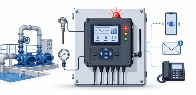 Automatic alarm dialer and multi-channel notification system on an industrial pump station control panel
