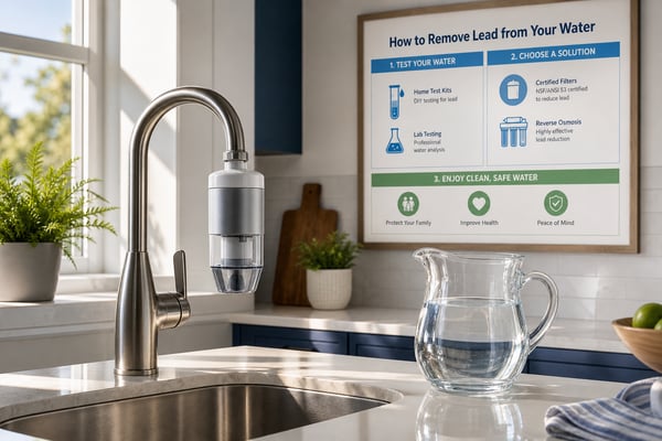 Kitchen faucet with water filter and a pitcher of clean water beside a lead-removal infographic