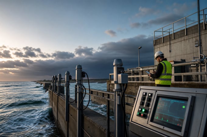 Coastal wastewater pumping station with high tide alarm monitoring equipment near the ocean