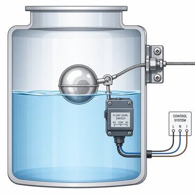 Float level switch with metallic float ball inside an industrial liquid storage tank connected to a control system