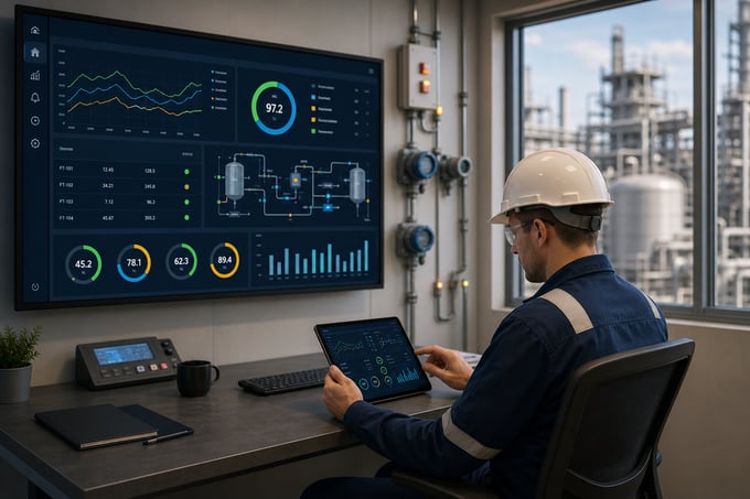 Technician monitoring real-time telemetry readings on control room dashboards at an industrial facility