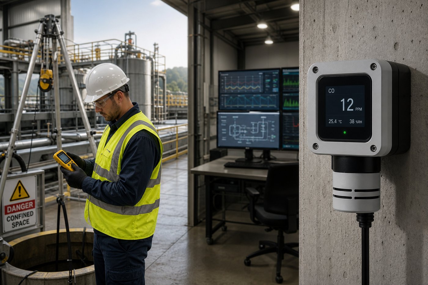 Technician monitoring a wall-mounted carbon monoxide detection system in an industrial facility