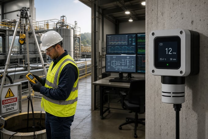 Technician monitoring a wall-mounted carbon monoxide detection system in an industrial facility