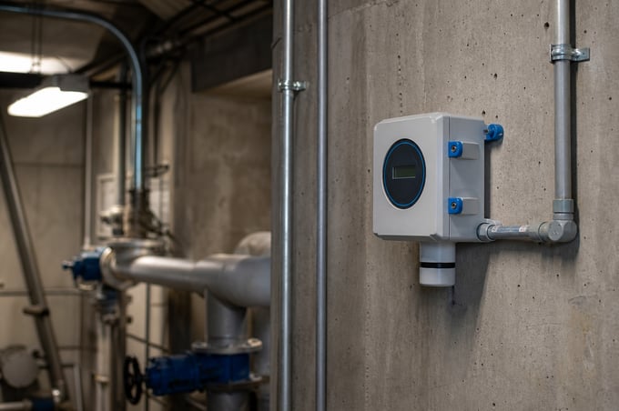 Wall mounted industrial carbon monoxide gas detector in a wastewater treatment pump room with exposed piping and conduit