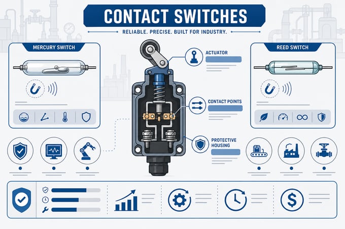 Infographic showing types of industrial contact switches and their components