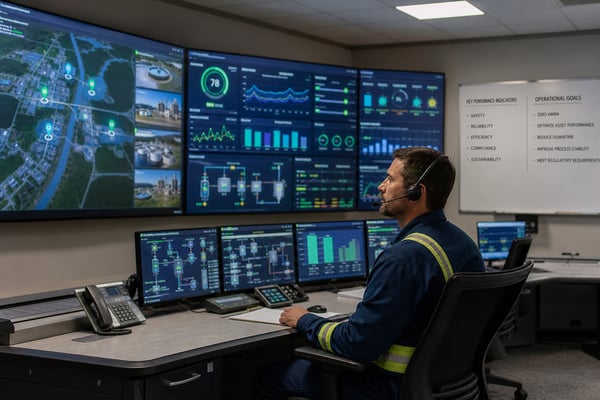 Operator monitoring industrial remote monitoring dashboards in a control room