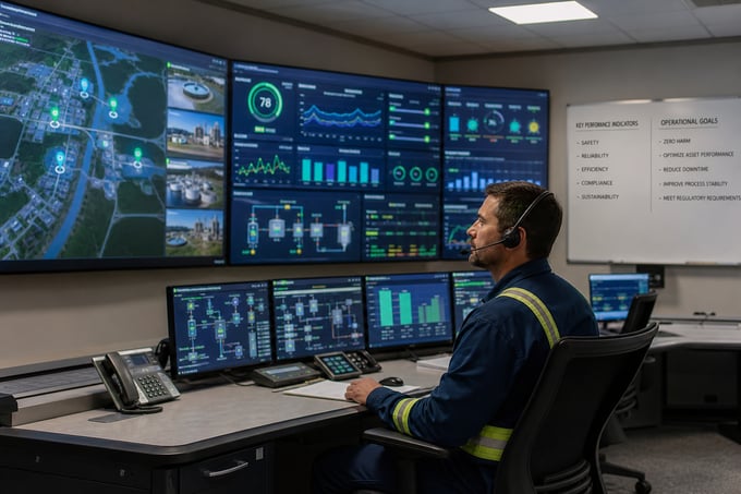 Operator monitoring industrial remote monitoring dashboards in a control room