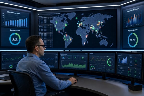 Technician monitoring real-time equipment data on multiple screens in a modern industrial control room