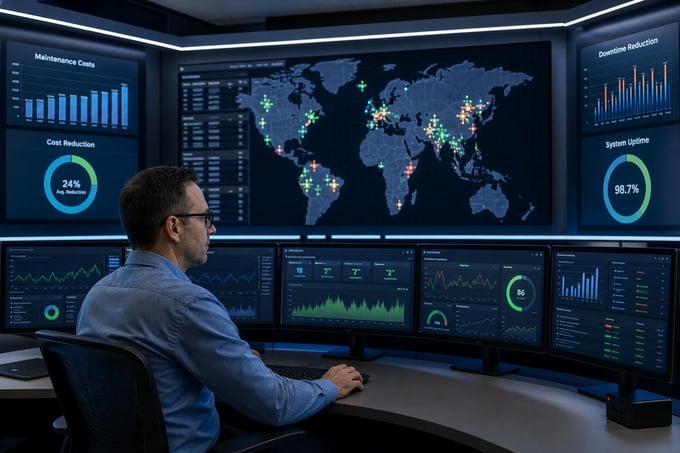 Technician monitoring real-time equipment data on multiple screens in a modern industrial control room