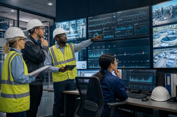Engineering team reviewing remote monitoring dashboards in an industrial control room