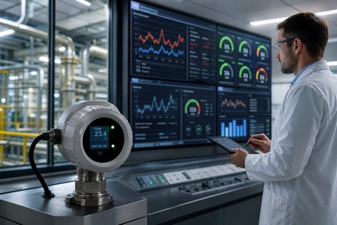 Technician monitoring real-time temperature data on industrial remote monitoring dashboards