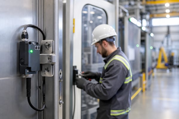 Technician inspecting a door position switch on an industrial control enclosure