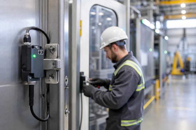 Technician inspecting a door position switch on an industrial control enclosure