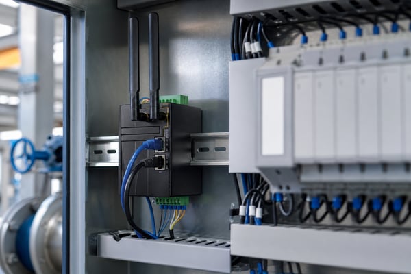 Industrial Ethernet WiFi adapter installed in a water treatment facility control panel for remote monitoring