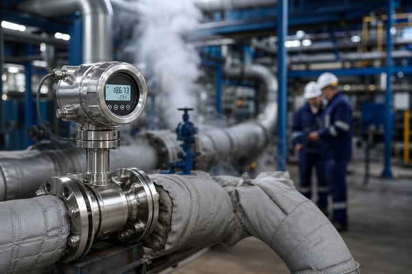 High temperature flow meter installed on insulated hot process piping at an industrial facility