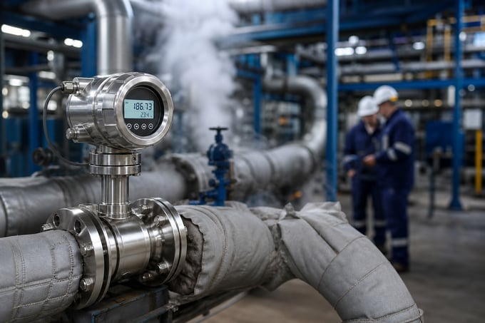 High temperature flow meter installed on insulated hot process piping at an industrial facility