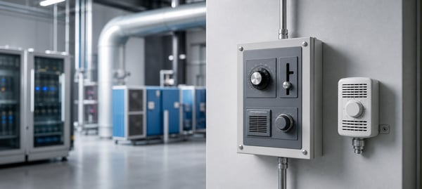 Industrial humidistat switch and humidity control panel mounted on a wall in a modern facility