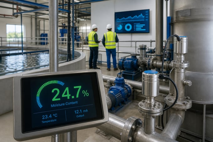 Industrial moisture sensor display showing a live reading at a water treatment facility