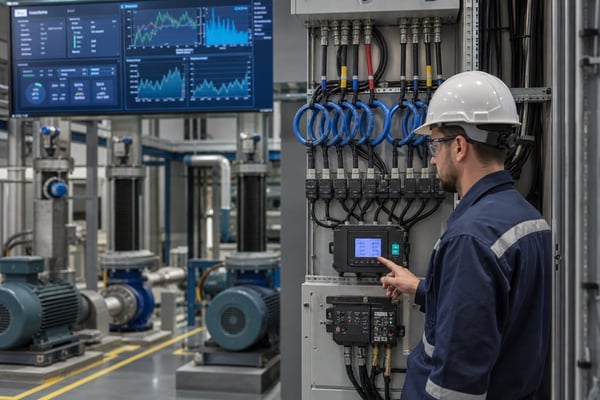 Technician monitoring power sensor devices and SCADA displays in an industrial electrical facility