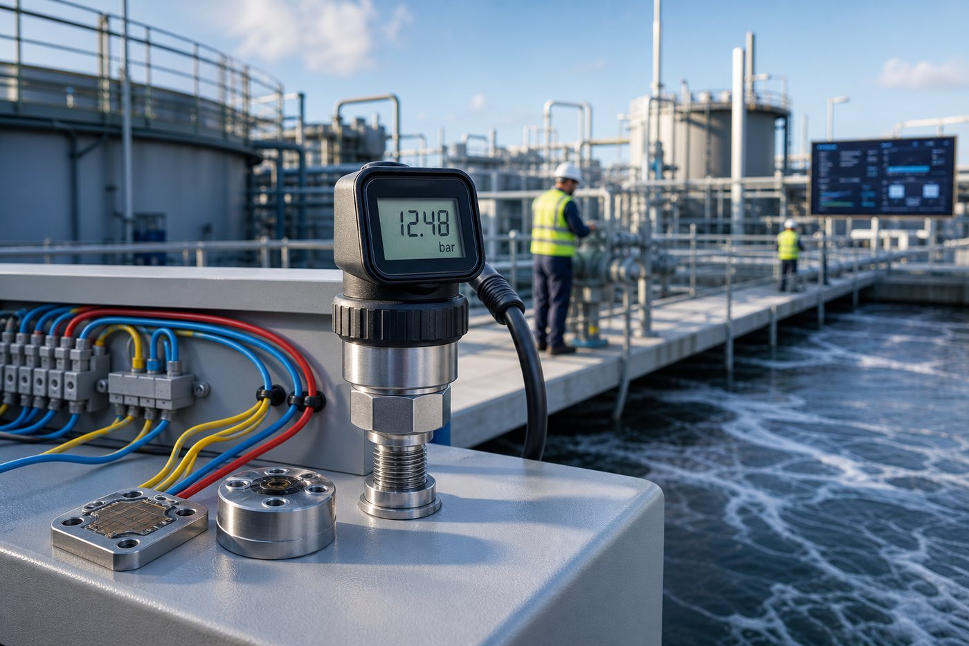 Digital industrial pressure sensor with LCD display monitoring a wastewater treatment facility