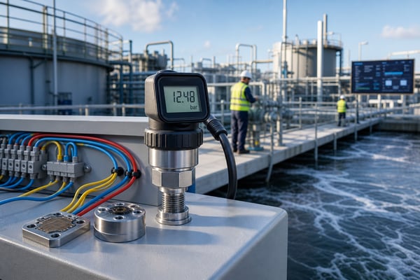 Digital industrial pressure sensor with LCD display monitoring a wastewater treatment facility
