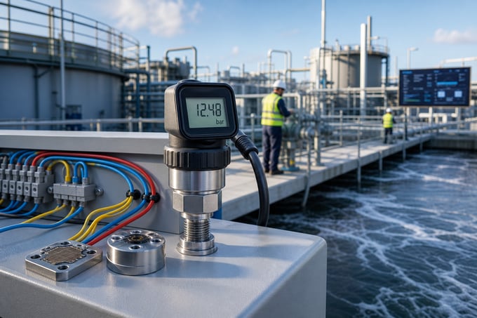 Digital industrial pressure sensor with LCD display monitoring a wastewater treatment facility