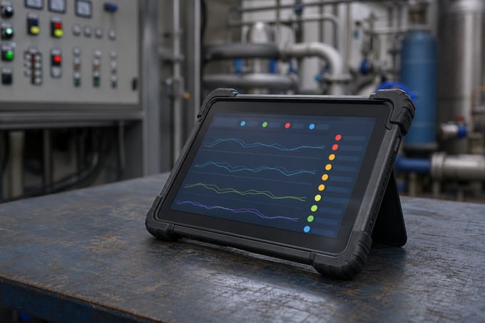 Rugged industrial tablet showing a remote temperature monitoring dashboard in a water treatment plant control room