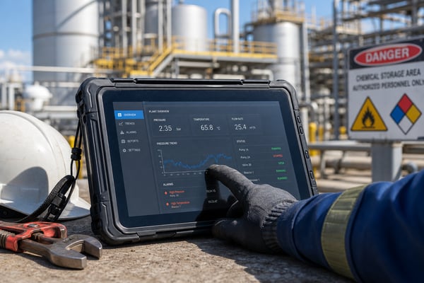 Rugged intrinsically safe tablet operated with gloved hands in a hazardous chemical storage area