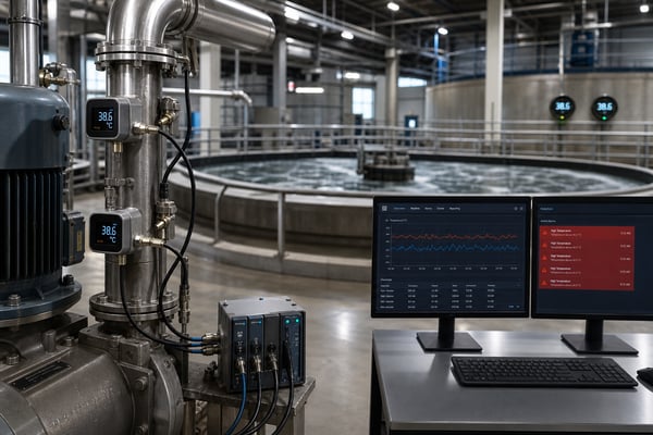 Industrial temperature monitoring sensors and control screens in a treatment facility