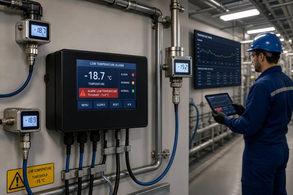 Technician monitoring an industrial low temperature alarm control panel with digital temperature display in a facility