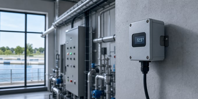 Wall-mounted room temperature sensor beside control panels in an industrial water treatment control room