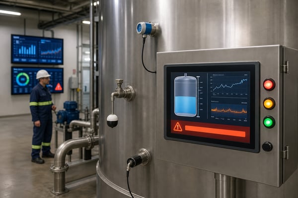 Industrial water detection sensors and a monitoring control panel in a treatment facility