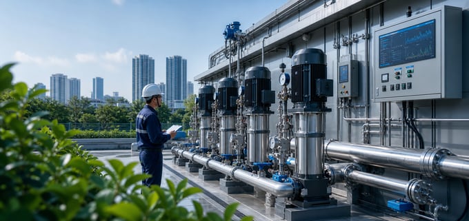 Municipal water booster pump station with pumps, piping, and a remote monitoring panel