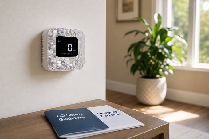 Carbon monoxide detector with digital display mounted on a wall in a home near a window