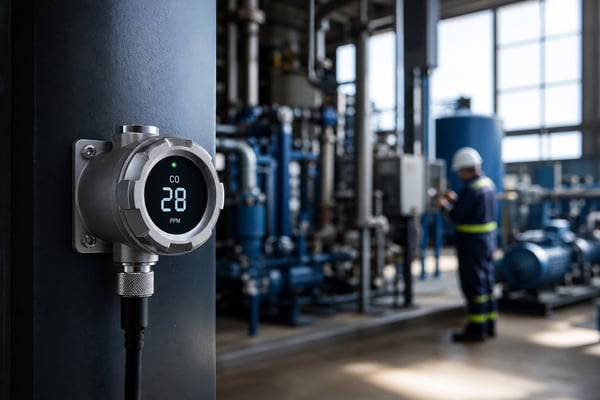 Carbon monoxide sensor mounted in an industrial facility with a technician inspecting equipment