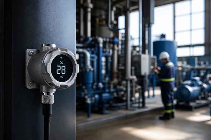 Carbon monoxide sensor mounted in an industrial facility with a technician inspecting equipment