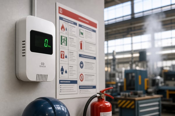 Carbon monoxide sensor with digital display mounted on a wall in a manufacturing facility