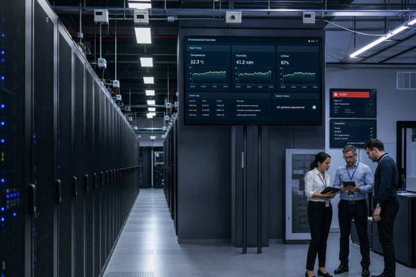 Data center environmental monitoring dashboards tracking temperature, humidity, and airflow