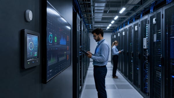 Technician checking environmental monitoring readings between server racks in a data center