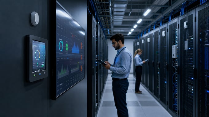 Technician checking environmental monitoring readings between server racks in a data center