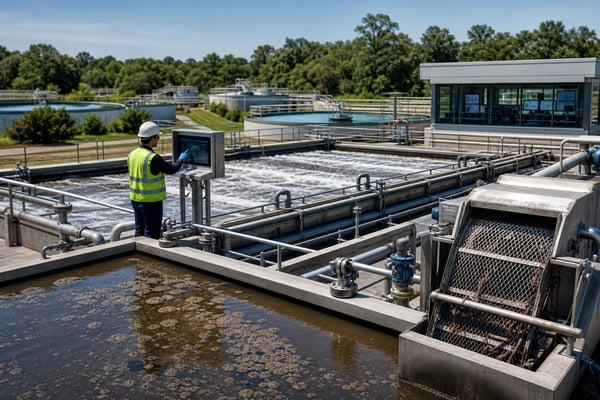 Industrial effluent treatment plant with aeration and clarifier tanks and a technician monitoring wastewater operations