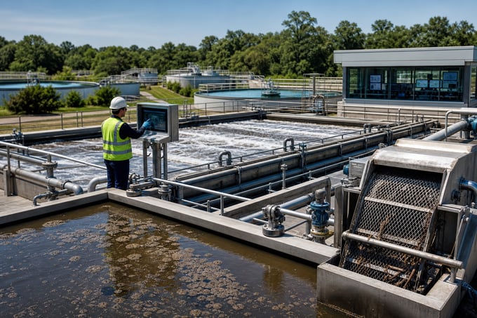 Industrial effluent treatment plant with aeration and clarifier tanks and a technician monitoring wastewater operations