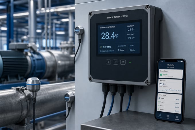 Industrial freeze alarm control unit with a digital temperature display and mobile monitoring app in a facility