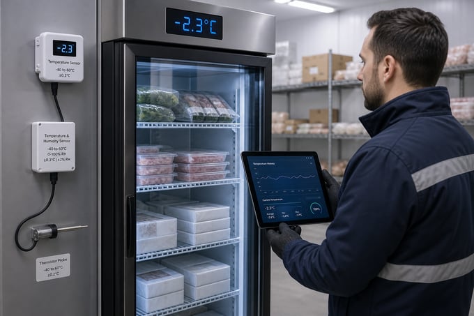 Technician checking a glass-door commercial freezer with digital temperature sensors in a cold storage facility