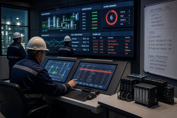 Operator monitoring SCADA screens in an industrial control room