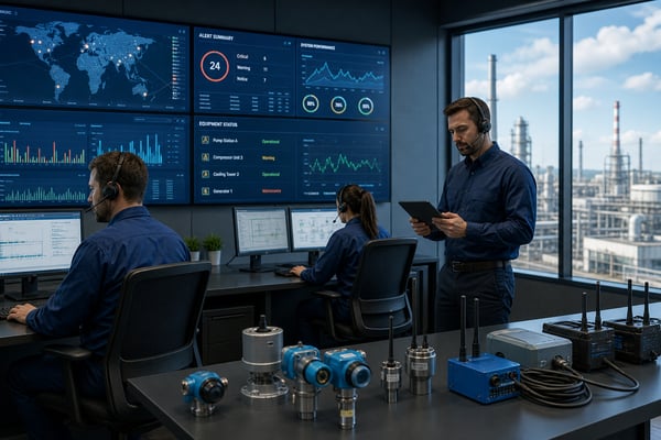 Operators monitoring industrial remote monitoring dashboards in a control room