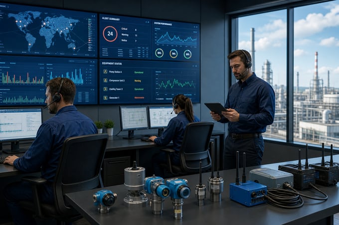 Operators monitoring industrial remote monitoring dashboards in a control room