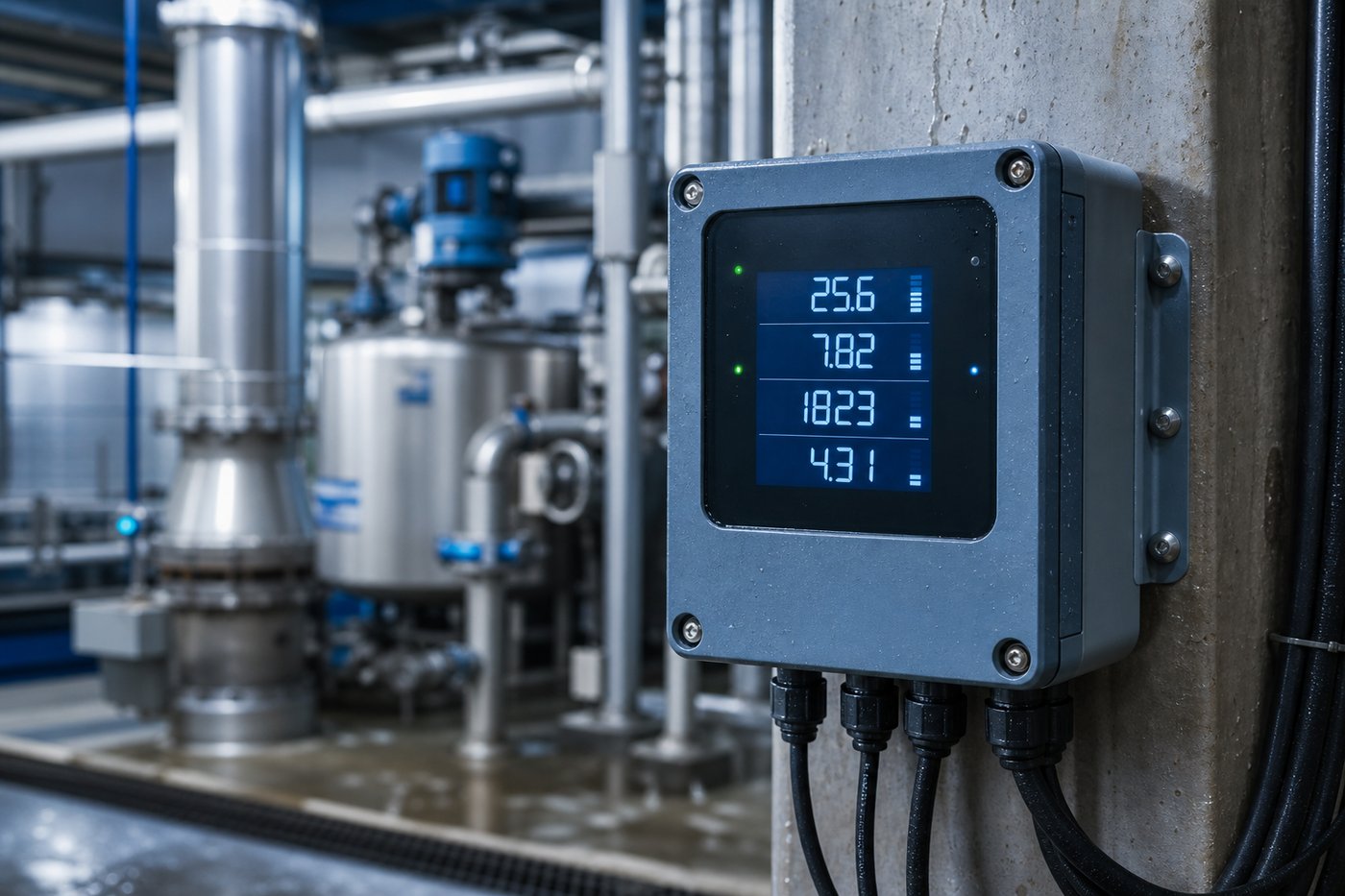 Industrial remote data logger with digital display in a water and wastewater monitoring facility