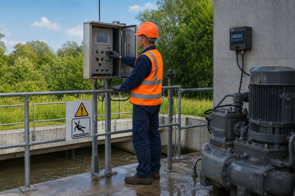 Technician in safety gear inspecting a lift station control panel and pump outdoors