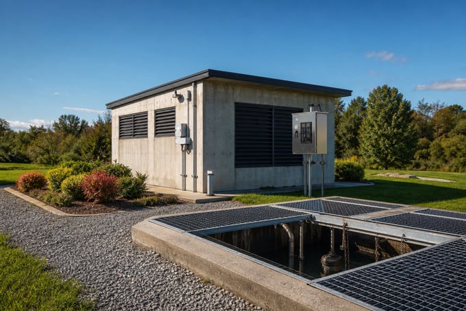 Municipal wastewater lift station with wet well and control panel